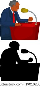 Set of silhouette icon of a man speaking into a microphone on a podium. Vector illustration.