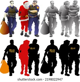 Set of silhouette icon of two policeman arrest Santa Claus with handcuff, isolated against white. Vector illustration.