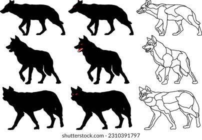 Set of silhouette icon of wolf in various pose, isolated against white. Vector illustration.