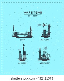 set of silhouette icons of the city of electronic cigarettes