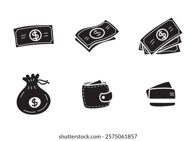 Set silhouette icons of dollar bills, wallets, cards, money sacks