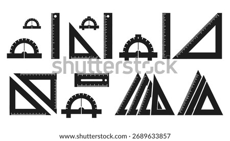 A set of silhouette icons featuring various rulers, protractors, and set squares. The design emphasizes a clean and minimalist aesthetic, with each tool represented in a solid black silhouette style.