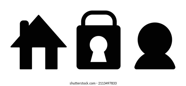 Set of silhouette icons of a house, padlock and a person. Vector.