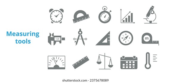 A set of silhouette icons of measuring tools. Protractor, angle, triangular ruler, graph, pencil, compass. Vector illustration.