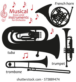 Set of silhouette icons. Musical brass wind instruments for orchestra. Vector illustration