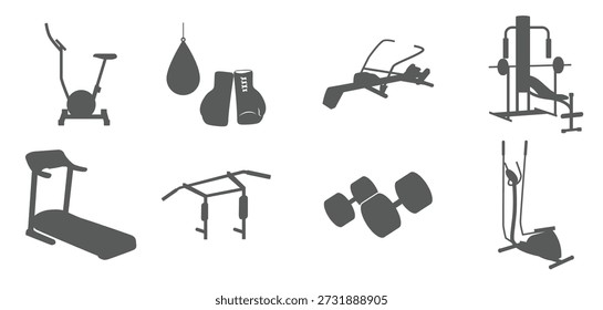 set of silhouette icons on a theme items for the gym 