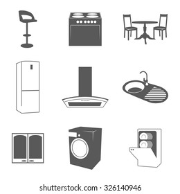 Set of silhouette icons on a theme equipment and furniture for the kitchen 