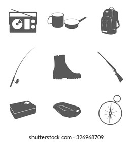 Set of silhouette icons on a theme subjects for tourism and recreation