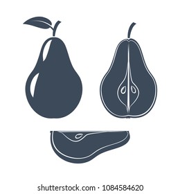Set of silhouette icons pear whole and cut on a white background. Fruit. Design for textiles, labels, posters. Vector illustration.