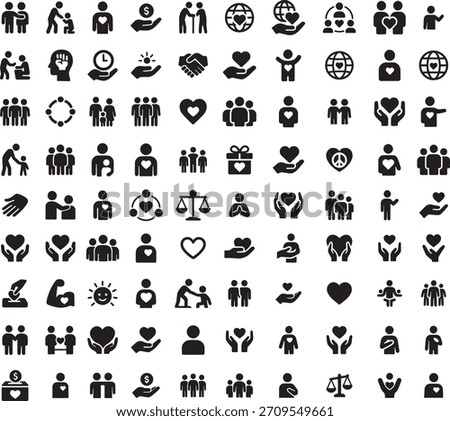 Set of silhouette icons representing various aspects of charity donation and humanitarian aid concepts