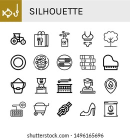 Set of silhouette icons such as Fishing, Tractor, Shopping bag, Poison, Bikini, Tree, Puck, Man, Shawarma, Books, Piano, Bucket, Basketball, Drum, Graduate, Firefighter , silhouette