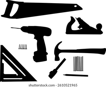 Set of silhouette icons of tools. Vector illustration.