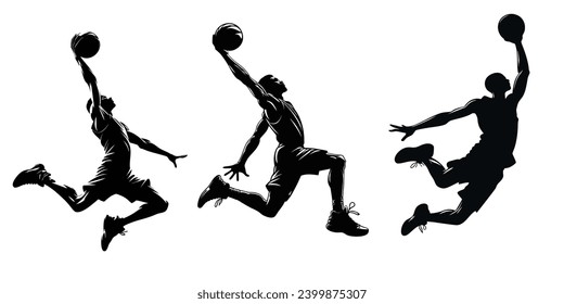 set of silhouette illustration a basketball player performing a slam dunk