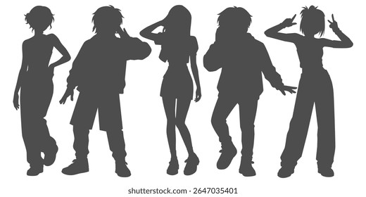 Definir ilustrações silhueta de ídolos kpop cantando e dançando no palco. Vetor plano kpop música estrela. Dançarinos de grupo modernos com vários estilos, poses e coreografias diferentes. Culturas pop coreanas.