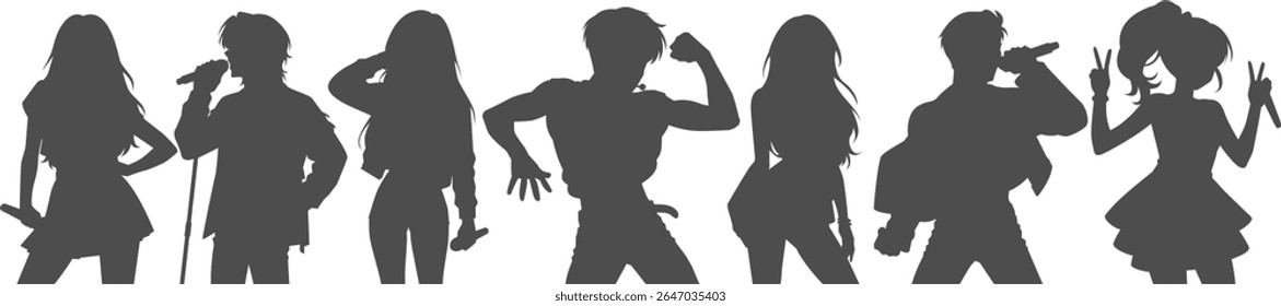 Definir ilustrações silhueta de ídolos kpop cantando e dançando no palco. Vetor plano kpop música estrela. Dançarinos de grupo modernos com vários estilos, poses e coreografias diferentes. Culturas pop coreanas.