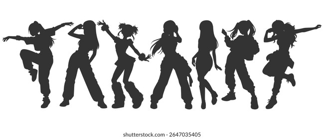 Definir ilustrações silhueta de ídolos kpop cantando e dançando no palco. Vetor plano kpop música estrela. Dançarinos de grupo modernos com vários estilos, poses e coreografias diferentes. Culturas pop coreanas.
