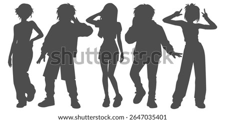 Set silhouette illustrations of kpop idols singing and dancing on stage. Flat vector kpop music star. Modern group dancers with various different styles, poses and choreography. Korean pop cultures.