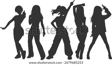 Set silhouette illustrations of kpop idols singing and dancing on stage. Flat vector kpop music star. Modern group dancers with various different styles, poses and choreography. Korean pop cultures.