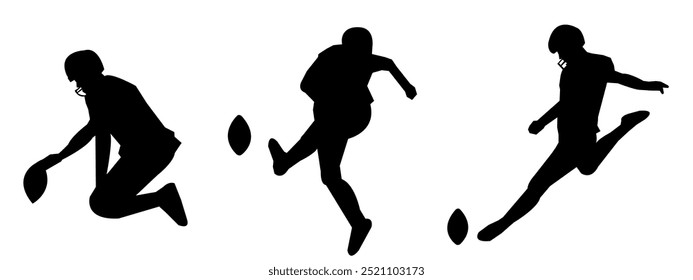 Set of silhouette illustrations of male American football players. Various player poses. Isolated on a white background.