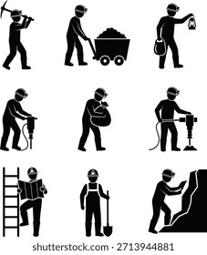Um conjunto de ilustrações de silhueta que mostram mineiros de carvão envolvidos em diferentes atividades, como usar picaretas, operar máquinas, carregar sacos de carvão e planejar com plantas. O