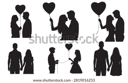 A set of silhouette illustrations showing couples holding heart shaped balloons, symbolizing love, romance, and affection in various poses.