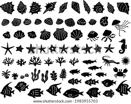 A set of silhouette illustrations of various sea creatures in hand drawn style