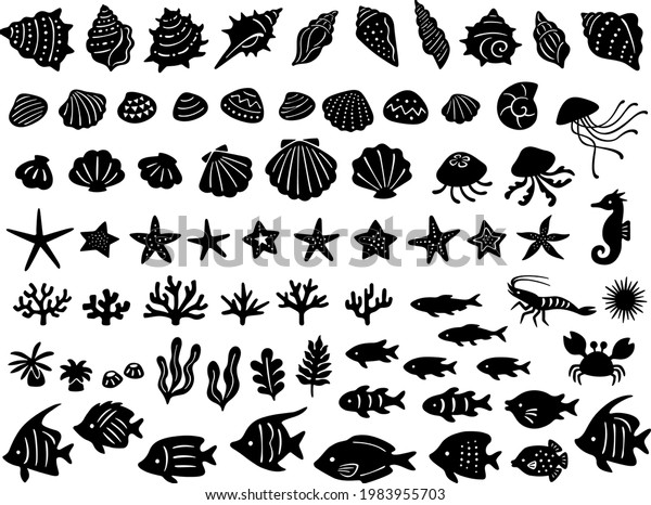 A set of silhouette illustrations of various\
sea creatures in hand drawn\
style