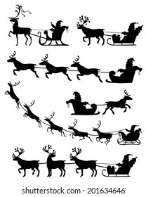 Set of silhouette image of Santa Claus riding a sleigh with reindeer 