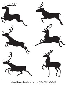 Set of silhouette images of deer in different  poses 