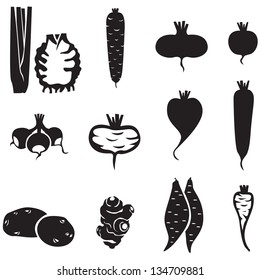 Set of silhouette images of different vegetables roots