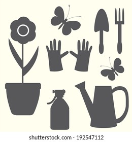 Set of silhouette images of garden equipment