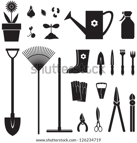 Set of silhouette images of garden equipment