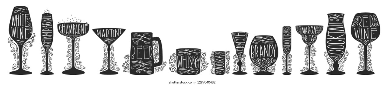 Set of silhouette images of glass glasses for different drinks. Shape stemware lettering text. Vector illustration