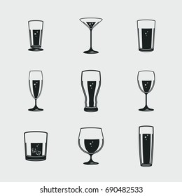 Set of silhouette images of glasses for different drinks. Objects for logo and badges. Vector illustration