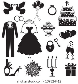 Set of silhouette images of romantic wedding