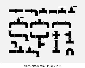 Set of silhouette images of variants of connections of sanitary pipes and valves