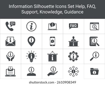Set of Silhouette Information Icons Help, FAQ, Support, Phone, Email, Website and Knowledge Symbols Vector Illustration