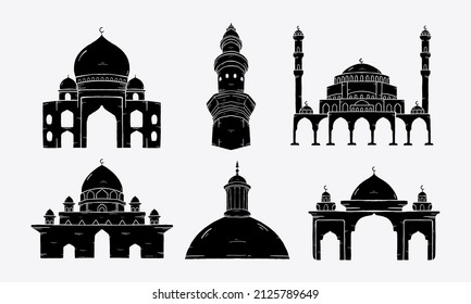 Set of silhouette Islamic Mosque. Illustration vector graphic. Design concept Mosque with HandDrawn style, Best element set for your Islamic design.