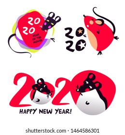 Set silhouette isolate mouse for Happy new year party 2020. Lunar horoscope sign Rat. Funny mouse with long tail. Chinese Happy new year. Smile Mice with 2020. 