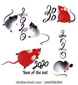 Set silhouette isolate mouse for Happy new year party 2020. Lunar horoscope sign Rat. Funny mouse with long tail. Chinese Happy new year. Smile Mice with 2020. 