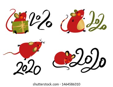 Set silhouette isolate mouse for Happy new year party 2020. Lunar horoscope sign Rat. Funny mouse with long tail. Chinese Happy new year. Smile Mice with 2020. 