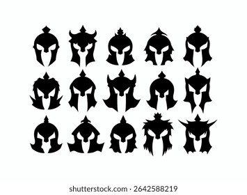 set of silhouette isolated medieval spartan helmet