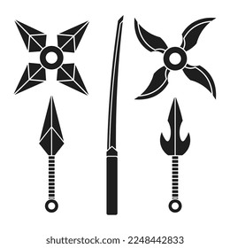 set of silhouette japan ninja weapon illustration