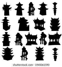 Set of silhouette Japanese pagodas, Chinese temple or Buddhist monastery and Tree house on stilts for living in jungles. China religious architecture. Watch towers set, Eastern Han Dynasty. Vector.