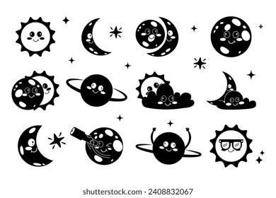 Set of  silhouette kawaii solar eclipse elements in flat cartoon style