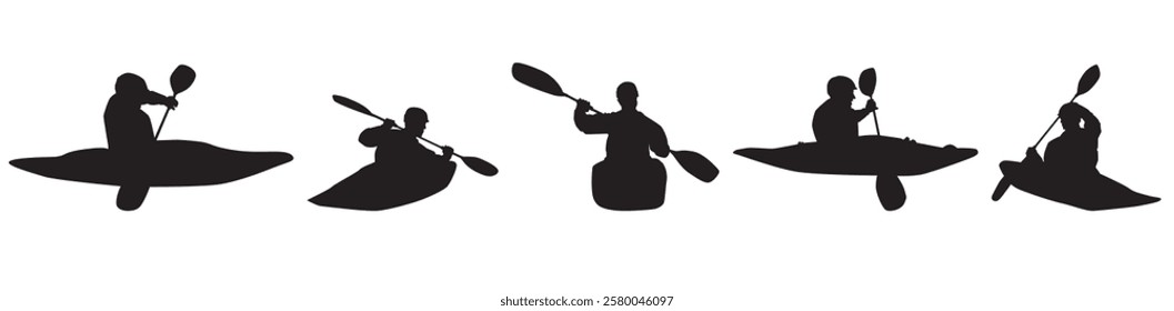 Set of silhouette kayaking on isolated background. 