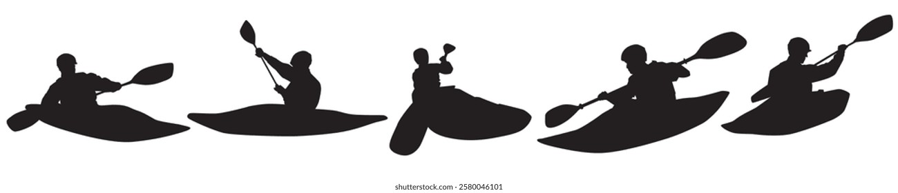 Set of silhouette kayaking on isolated background. 