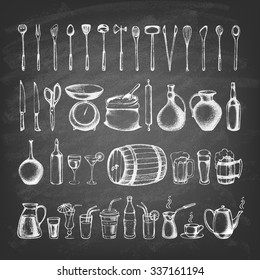 Set of silhouette kitchen tools  and set of different hand drawn beverages on the blackboard. Doodle style. Set of Cutlery. Retro vintage style. Vector illustration.
