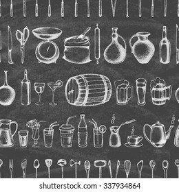 Set of silhouette kitchen tools and set of different hand drawn beverages on the blackboard. Doodle style. Set of Cutlery. Retro vintage style. Seamless pattern.Vector illustration.