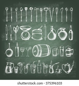 Set of silhouette kitchen tools and set of different hand drawn beverages on the green blackboard. Doodle style. Set of Cutlery. Retro vintage style. Vector illustration.